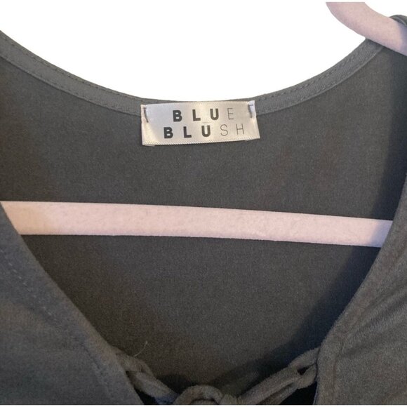 Y2K Blue Blush Tie Front Fitted Gray Mini Dress Faux Suede Long Sleeves Medium - Picture 4 of 7